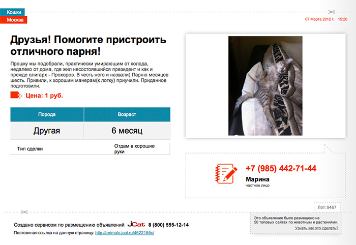 Пример мини-сайта для продажи животных